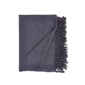 grey slub cotton throw with crossed fringe edge. 170x130cm