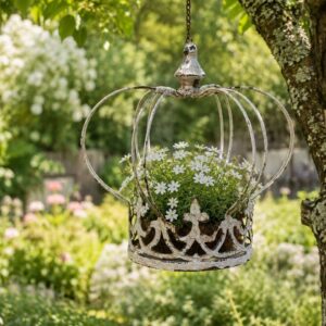 hanging metal crown planter with distressed antique white finish