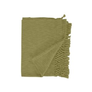 Olive green slub cotton throw with crossed fringe edge - 170x130cm