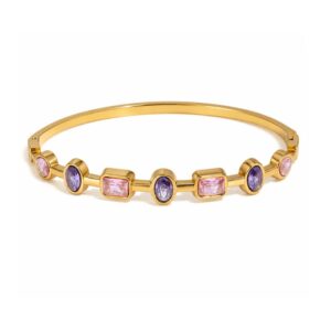 18k gold plated bangle with pink and purple zircon crystal in a mix of shapes