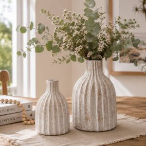 ribbed terracotta ceramic vase with whitewash finish