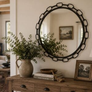 round mirror with black metal frame and linked chain edge