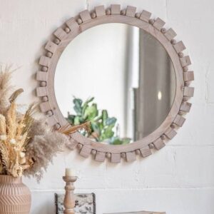 round timber mirror with block and bead edging