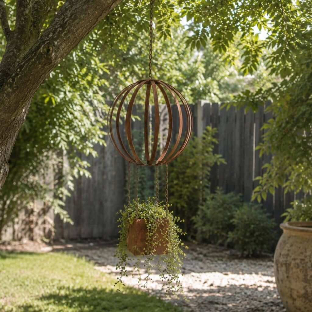 rustic hanging metal balloon planter in two sizes