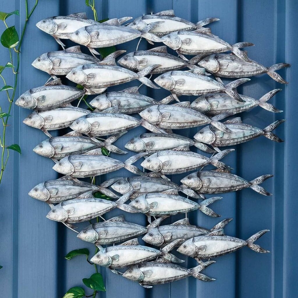 3d metal wall art of school of herring fish - hand painted