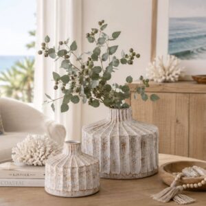 Short ribbed terracotta ceramic vase with neutral weathered white wash fine. two sizes.