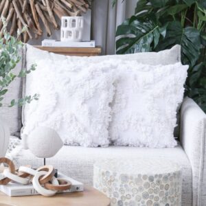 45cm square white tufted cotton cushion