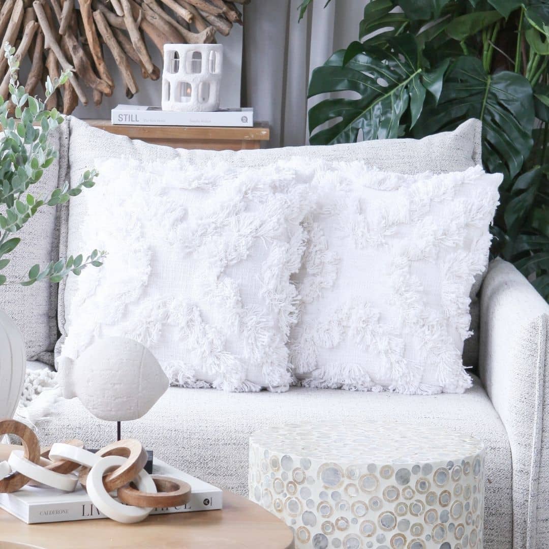 45cm square white tufted cotton cushion