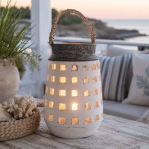tall white ceramic lantern with grey and rope handle