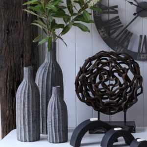 tall ribbed ceramic vase with charcoal finish