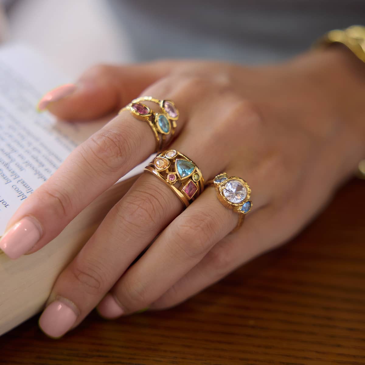 Triple Band Coloured Zircon Ring 18k Gold Plated - Image 3