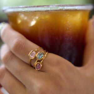 18k gold plated triple band ring with 3 coloured zircon crystal