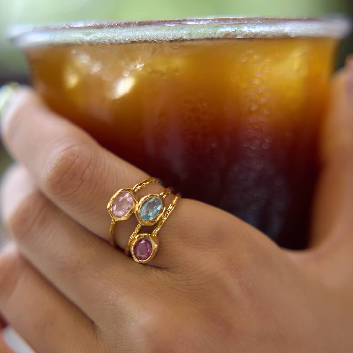 18k gold plated triple band ring with 3 coloured zircon crystal