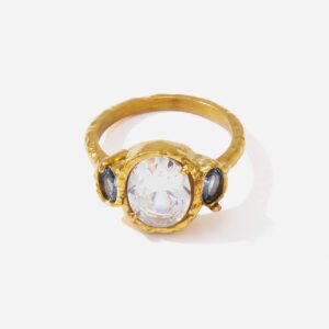 18k gold plate triple stone zircon ring with white centre and blue accents