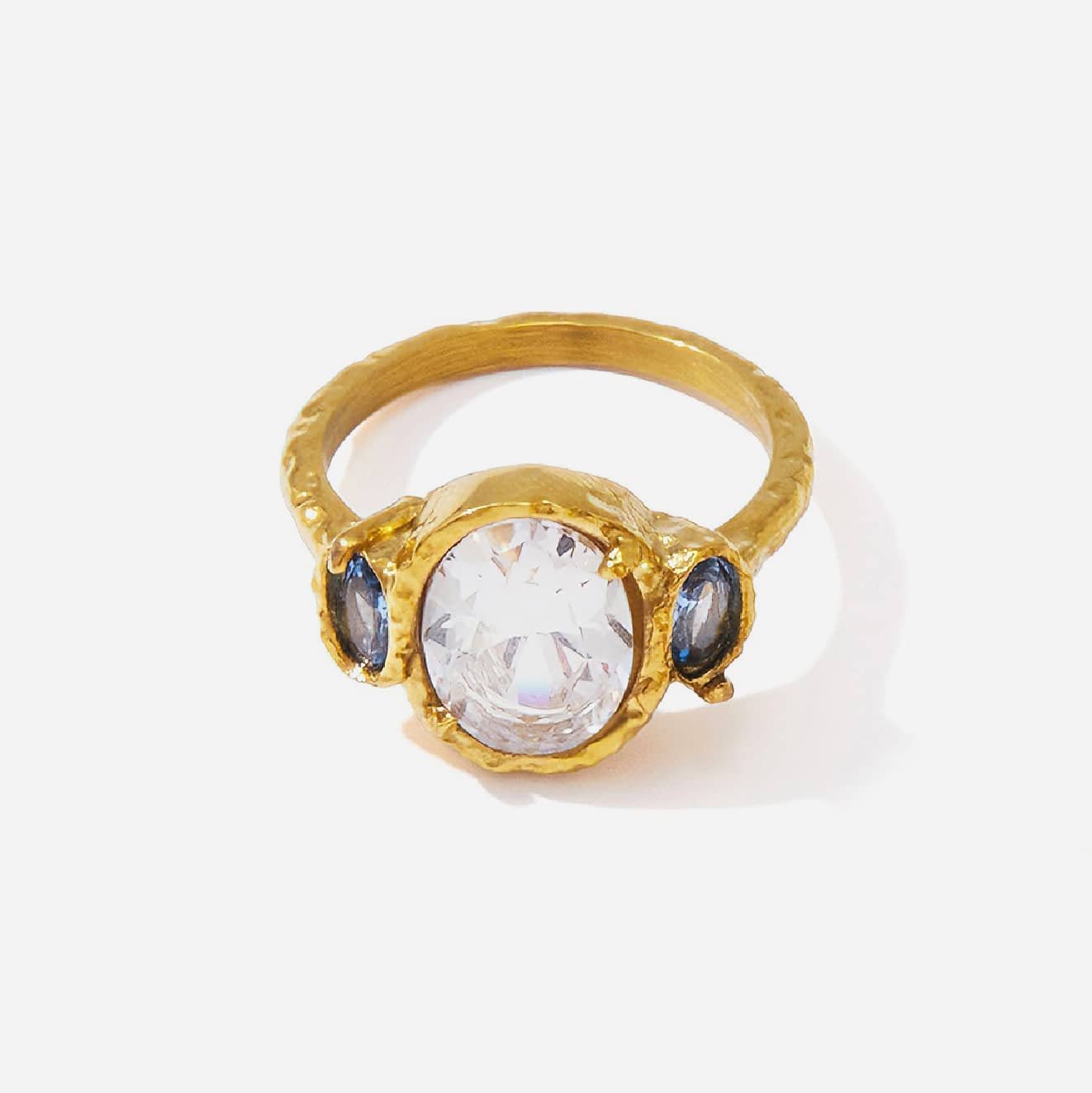 18k gold plate triple stone zircon ring with white centre and blue accents