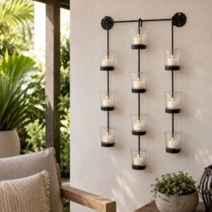 black metal wall mounted tealight holder with 12 glass votive cups