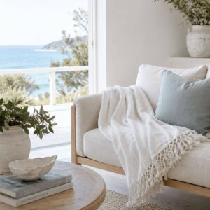 white slub cotton throw with crossed fringe edge. 170x130cm