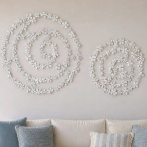 White frangipani wall art with swirls of flowers with distressed finish - two sizes available