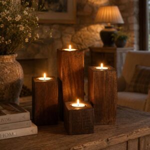 set of 4 wood block tealight candle holders