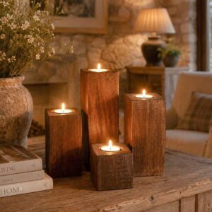set of 4 wood block tealight candle holders